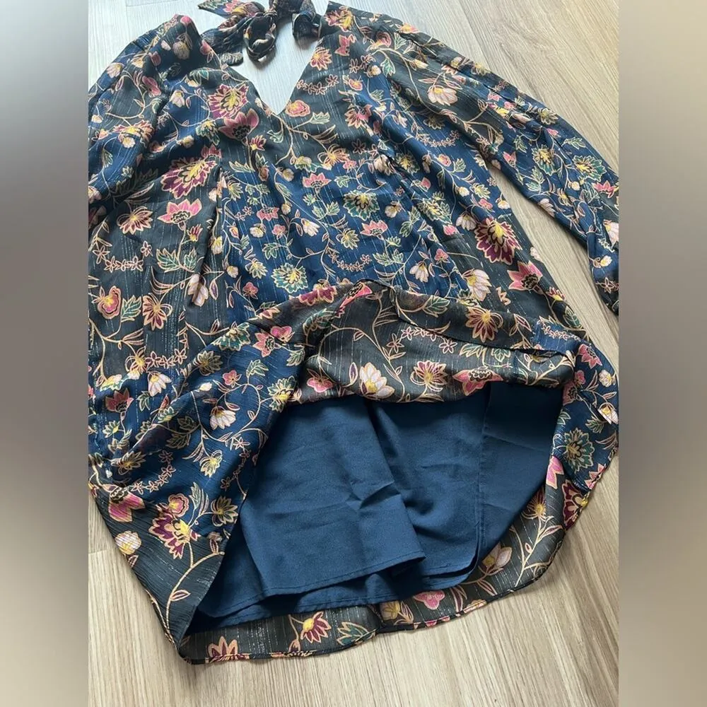 BCBGeneration Navy Blue/Black Metallic Floral Dress, Size Large, Mini Longsleeve - Image 11