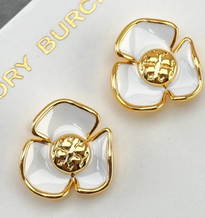 New Tory Burch Fleur Flower Stud Earrings White Enamel/Gold on TB earring card - Image 1