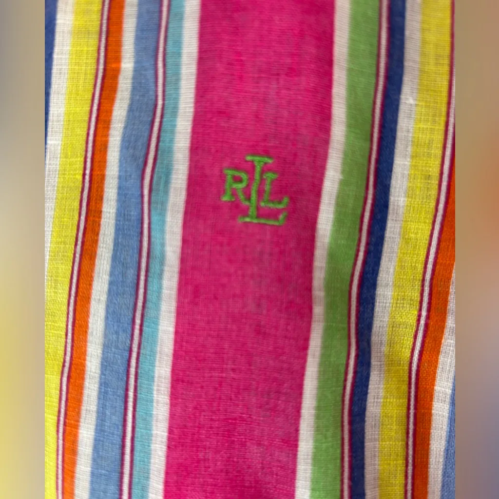 Lauren Ralph Lauren 3X Linen Striped Short Sleeved Blouse in Candy Stripes Pink - Image 3