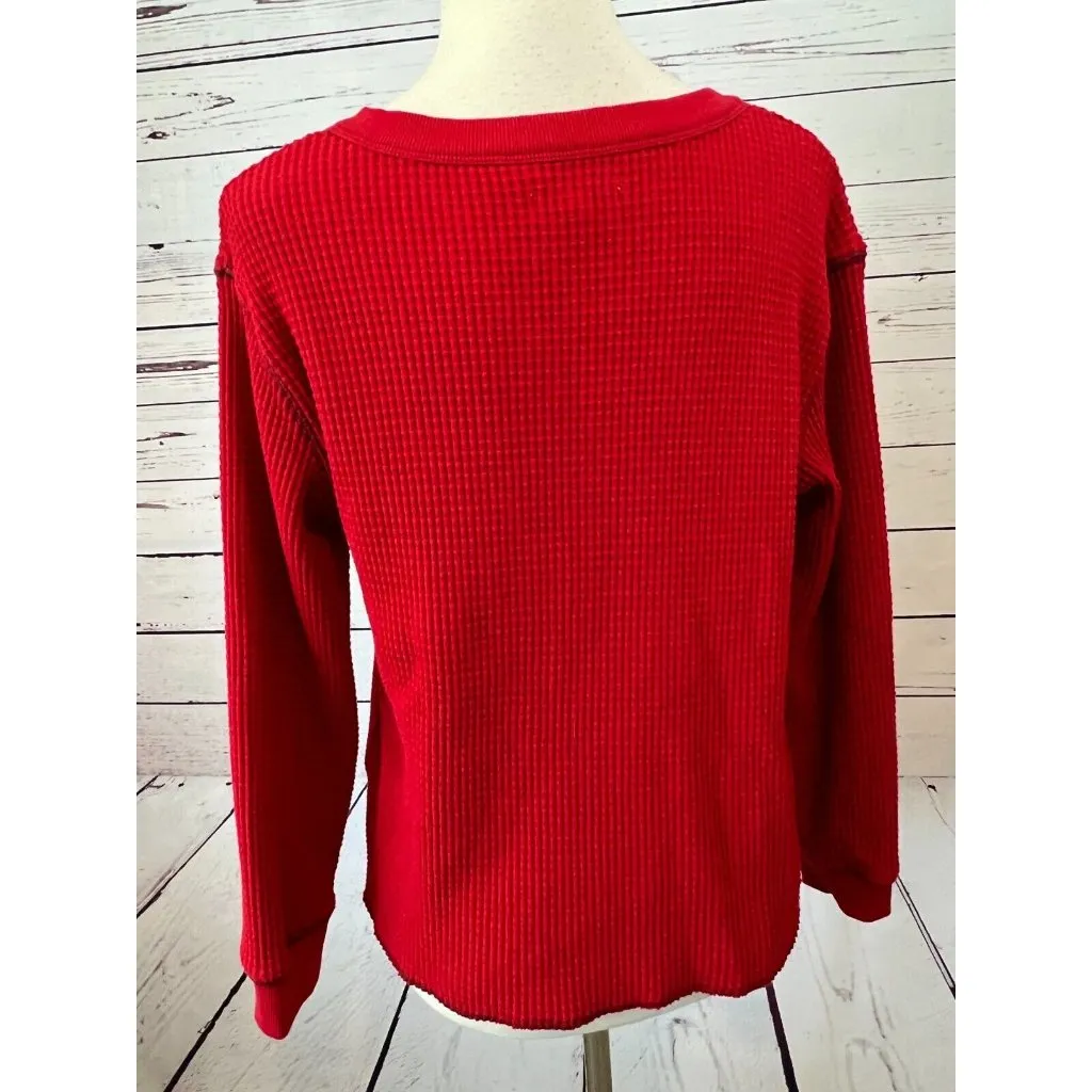Madewell long sleeve thermal shirt‎ Red waffle knit Vneck Christmas Small Blouse - Image 4