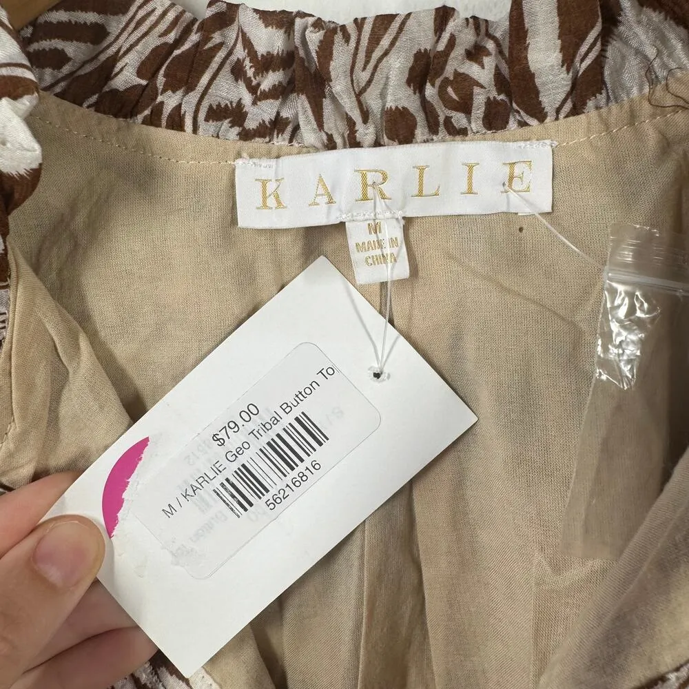 Karlie Top Women M Brown White Geometric Ruffle Shoulder Cotton Lined Peasant - Image 4