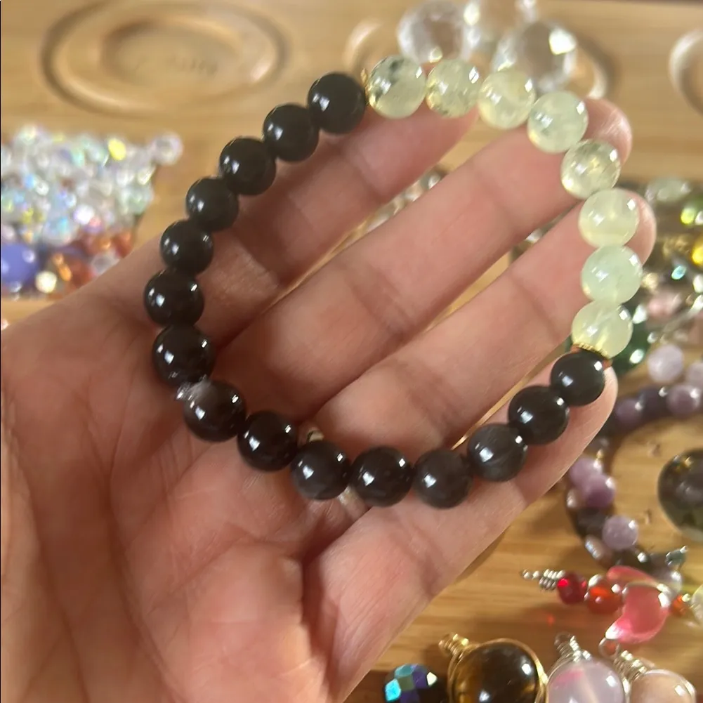 Handmade Prehnite + Black Obsidian Beaded Bracelet ✨ - Image 7