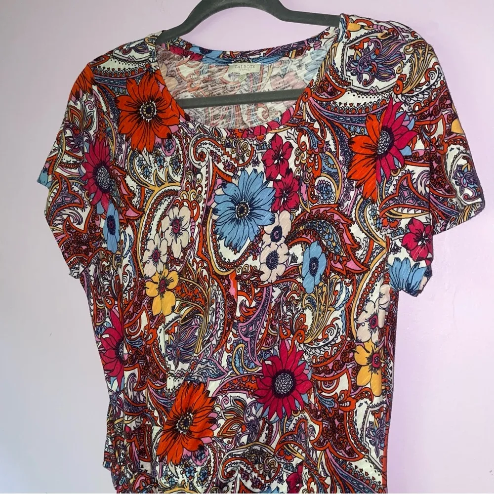 Talbots Size LP Cotton T Shirt Sun Dress Red Floral Short Sleeve - Image 2