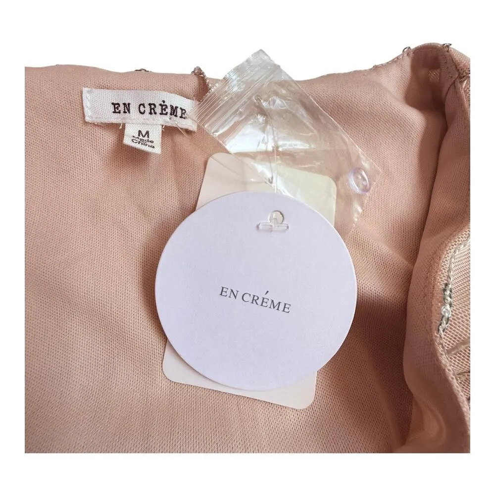 NEW En Creme Mini Robe WRAP DRESS & BELT Silver Sequin Fringe Women's MED Nude - Image 5