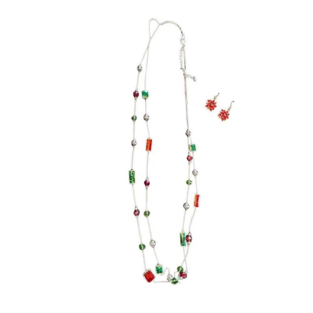 Festive Multicolor Beaded Necklace & Snowflake Earrings Set Red - Image 6