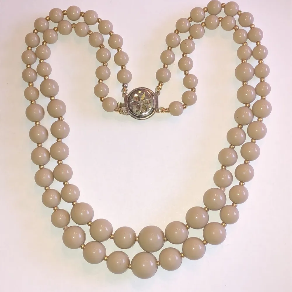 Vintage Double Strand Beige Beaded Classic Boho Necklace - Image 6