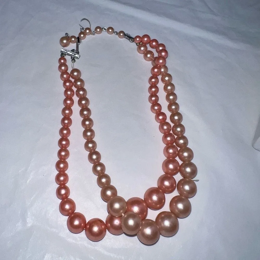 Vintage Made in Japan Faux Pink Pearl Double Layer‎ Necklace - Image 4