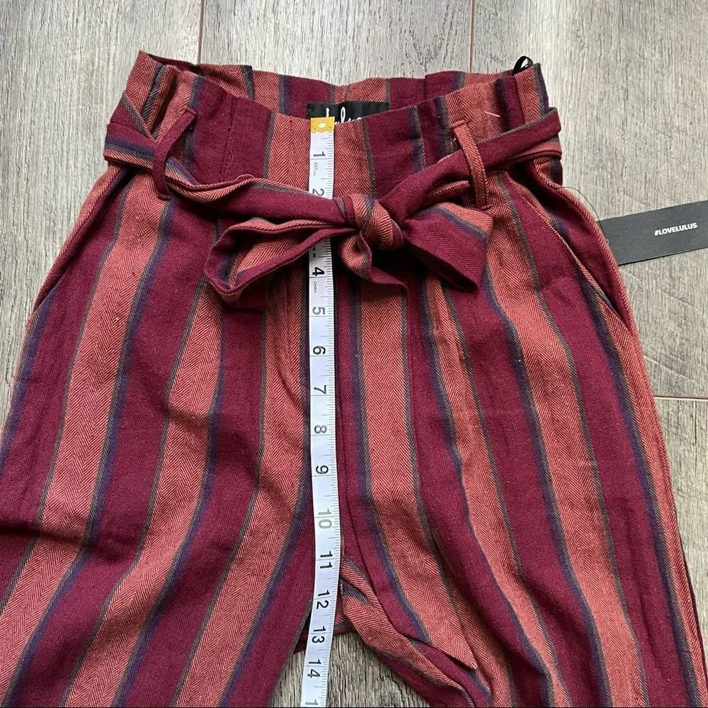 NWT Lulus Renfroe Burgundy Striped Pants Paper Bag Wide Leg Raw Hem Belted XS - Image 10