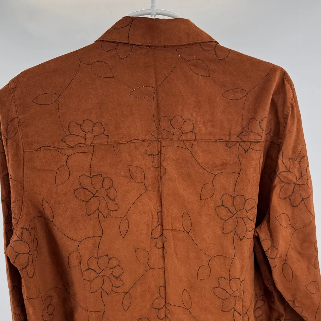 Sag Harbor Brown Floral Button front shirt jacket 1X faux suede eyelet plus fall - Image 3