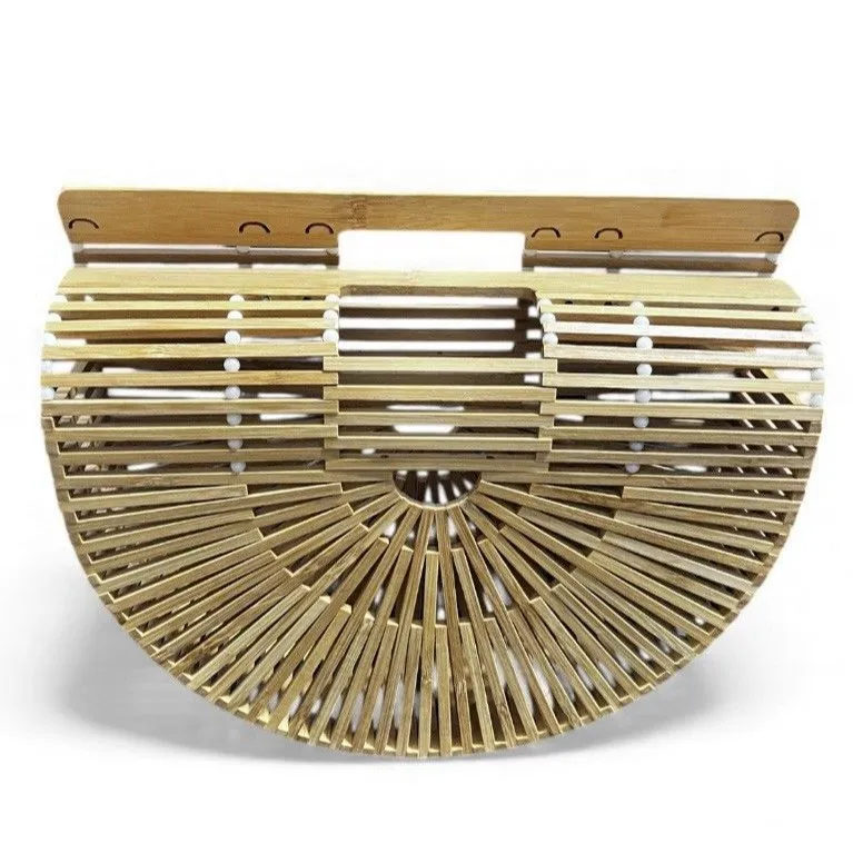 Bamboo Half Moon Arc Handbag Wooden Summer Retro Woven Summer Beach Purse EUC Brown - Image 2