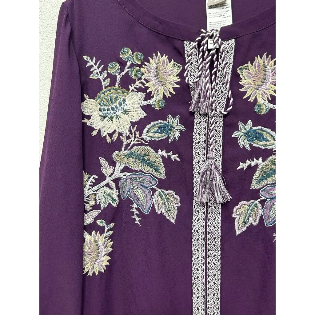 Chicos Floral Embroidered Top Shirt Size 1 Medium 8/10 Tassel Tie Long Sleeve - Image 5