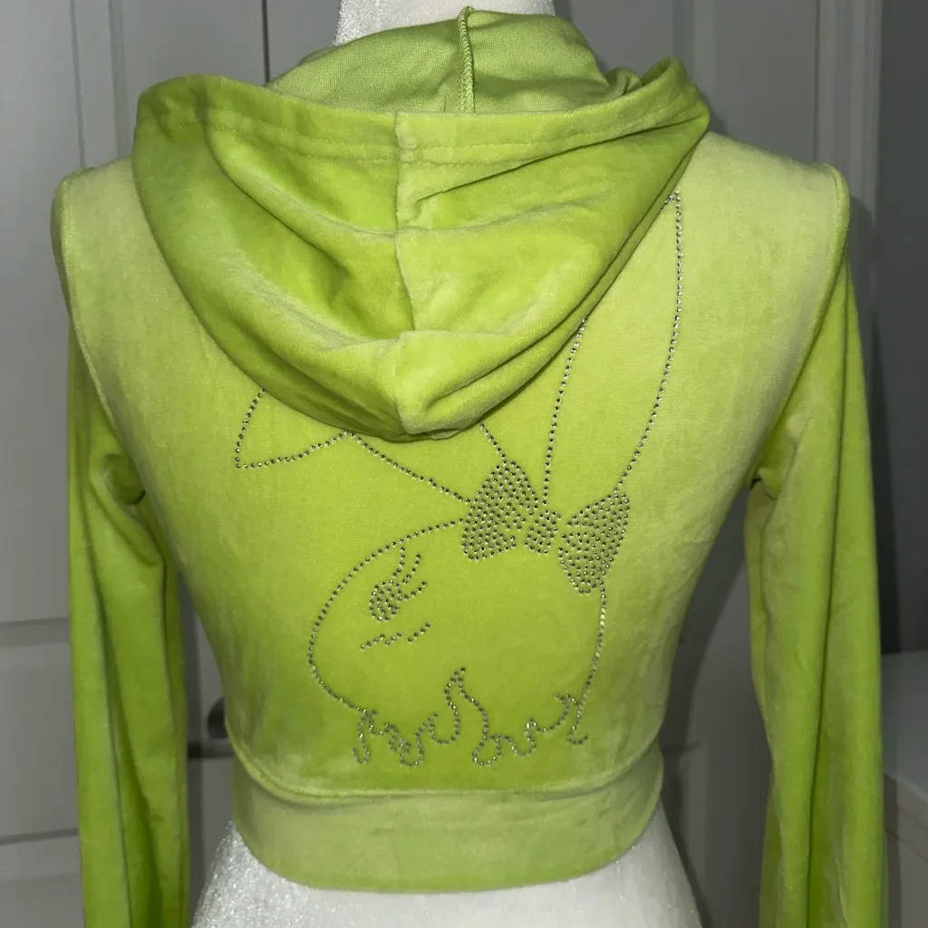 Lime Green Rhinestone Bunny Cropped Hoodie Size XS - Image 3