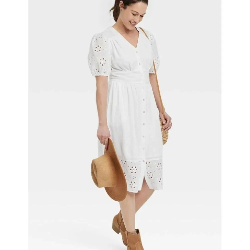 Knox Rose NWT white eyelet puff sleeve midi dress pockets small - Image 14