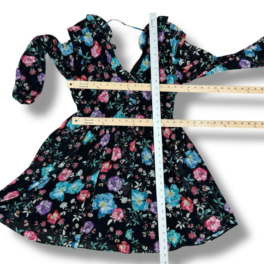 Express Floral V Neck Ruffle Trim Chiffon Skater Mini Dress Black Multi 8 - Image 13