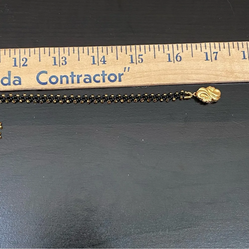 Vintage Black & Gold Seed Bead Fringe Tassel Crochet Statement Necklace - Image 9