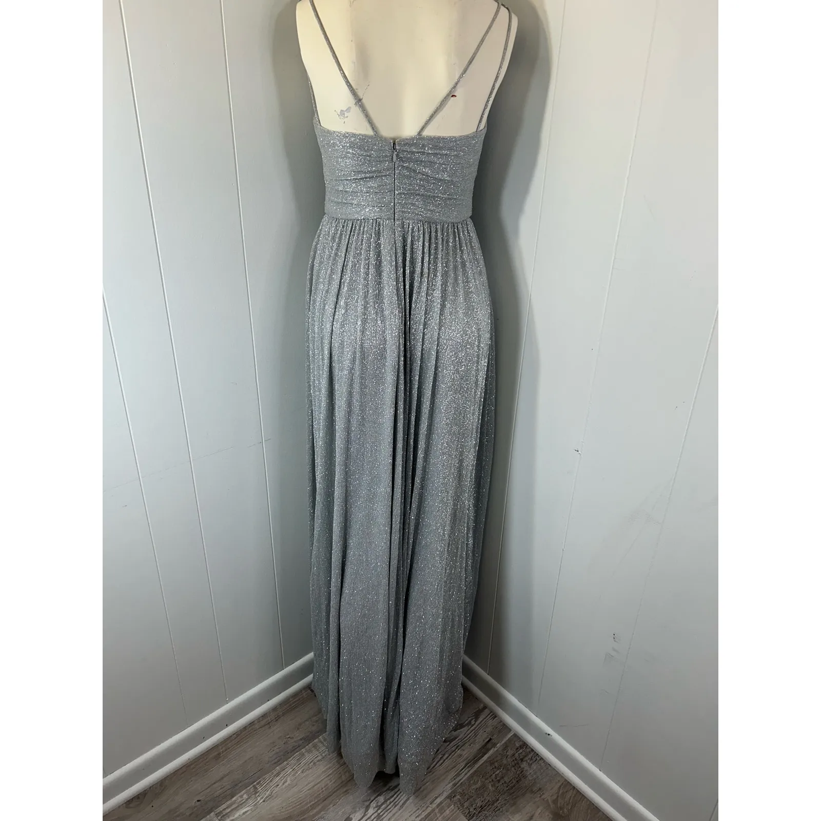 ELIZA J NWT Womens Silver Glitter Ruched Pleated  Spaghetti Strap Prom Dress 4 - Image 6
