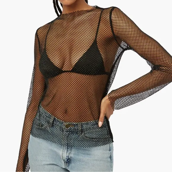 WeWoreWhat Crystal Mesh Mock Neck Top Size Medium - Image 2