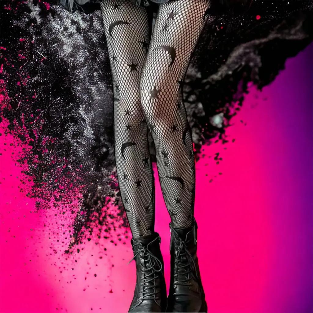 Black Moon & Star Pattern Fishnet Tights, Cut Out‎ High Waist Mesh Pantyhose - Image 6