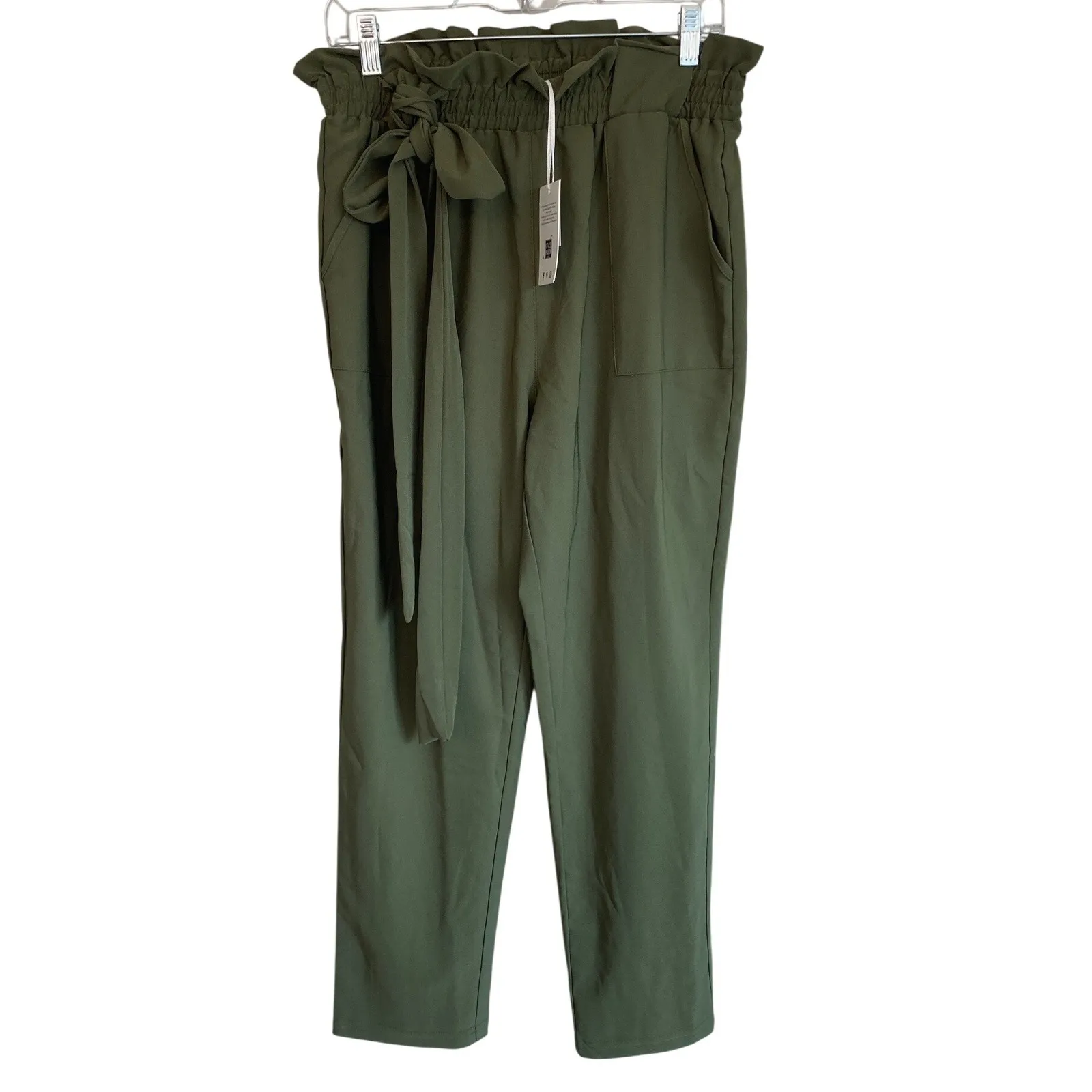 Grace Karin Paperbag Waist Pants Olive Green Tie Belt Cropped Ankle Leg L NWT - Image 7