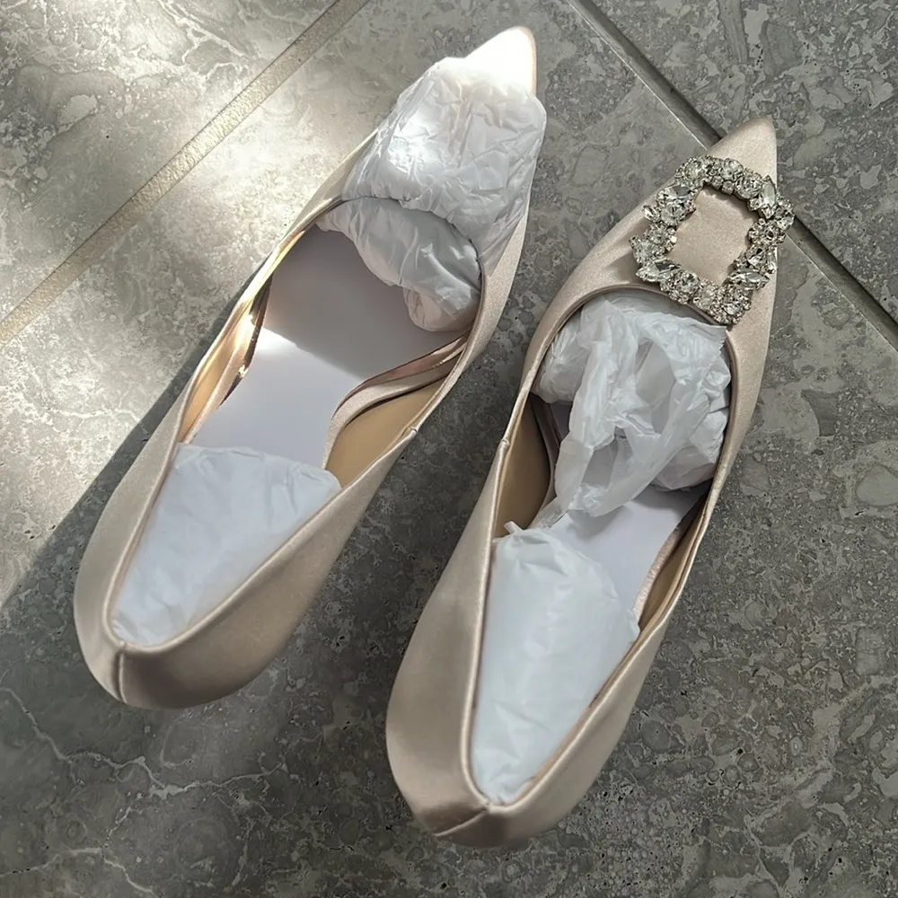 Badgley Mischka 110mm Crystal-Embellished Satin Buckle Pumps, Nude Size 8 NEW - Image 8