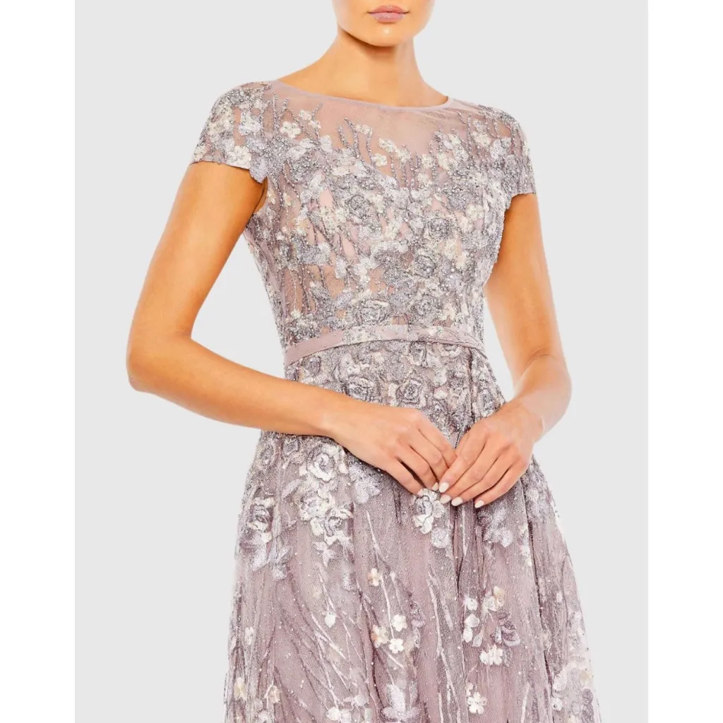 Mac Duggal 20405 Purple Embellished Floral Cap Sleeve A Line Gown Size 14 NWT - Image 3