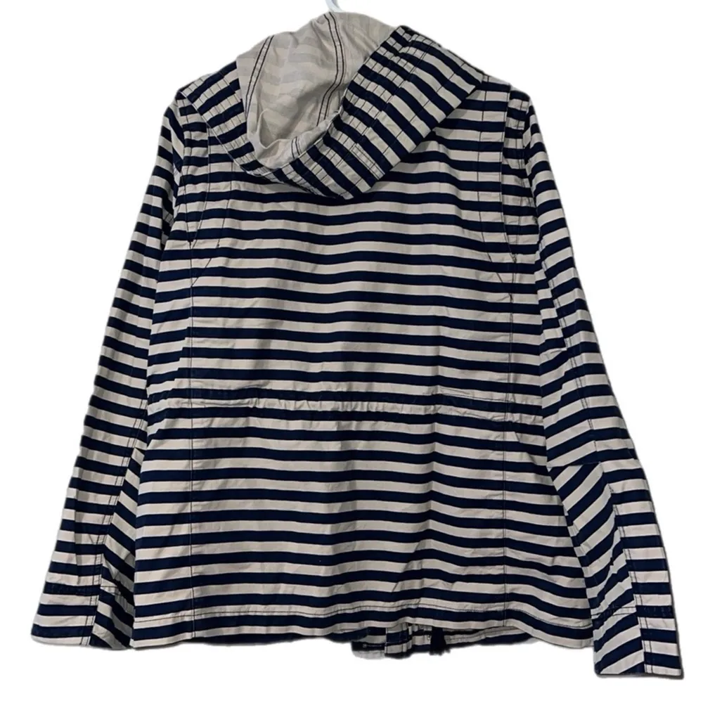 GAP Womens Boy Parka medium hooded striped button zip tan blue jacket SHELL ONLY - Image 5