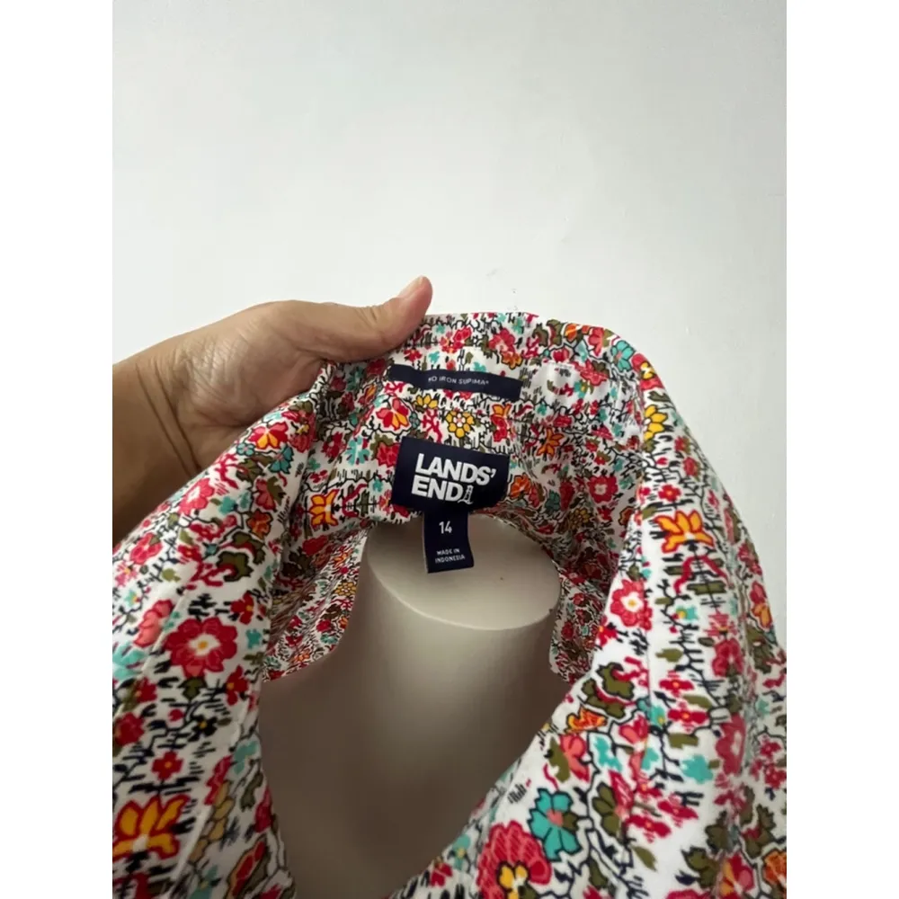 Lands' End No Iron Supima Country Rustic Wester Floral Print Shirt Size 14 - Image 3