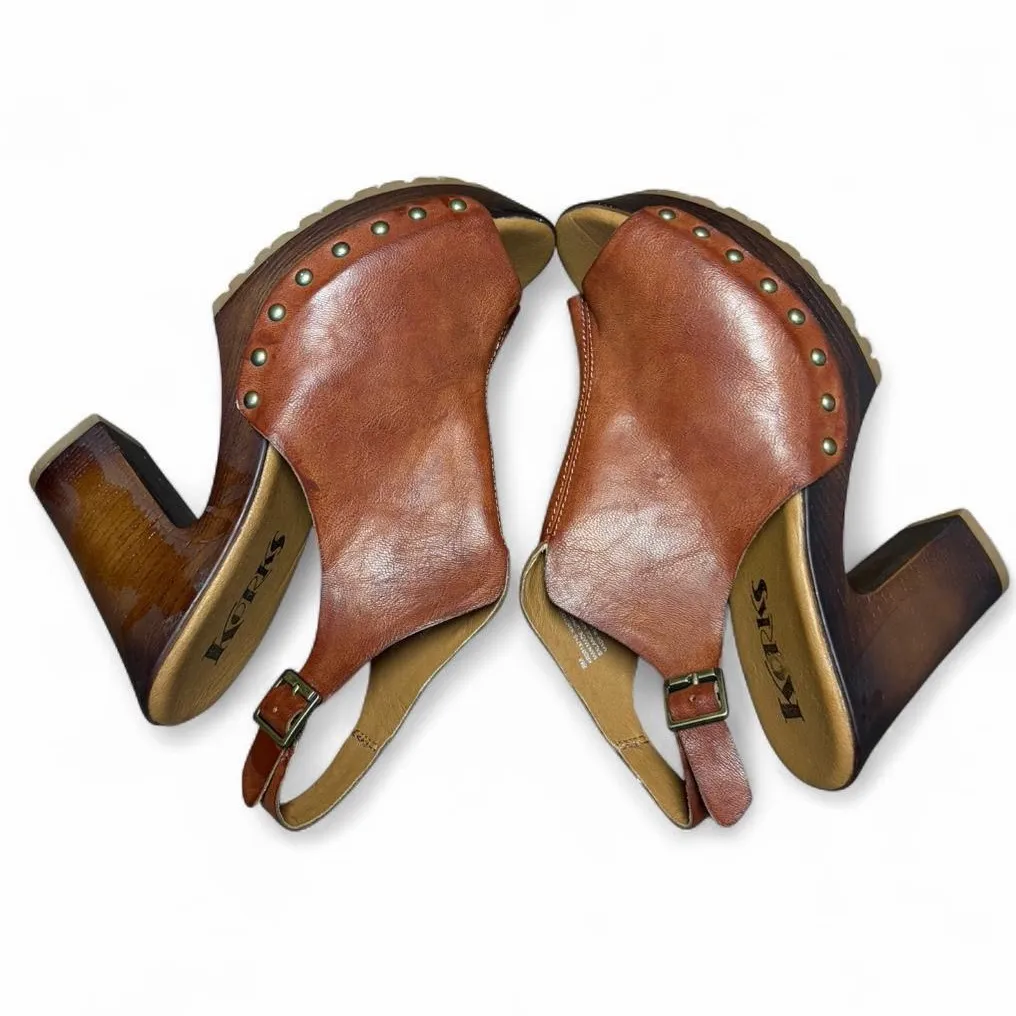 Korks Arden Platform Block Heel Slingback Peep Toe Stud Faux Leather Sandals 8 Tan - Image 4