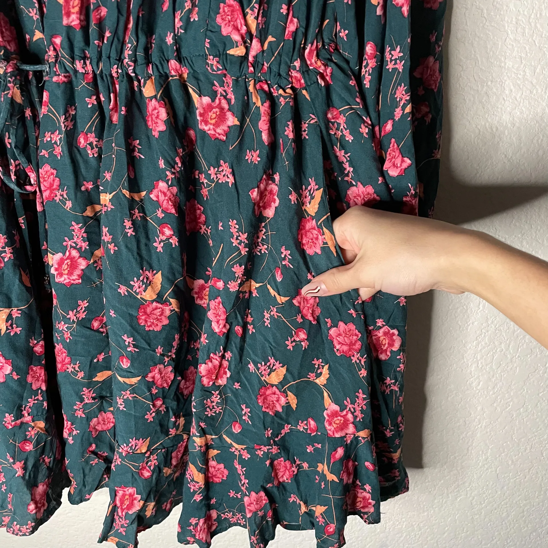 Free People Emerald Green Floral Flower Fields Long Sleeve Mini Dress - Image 10