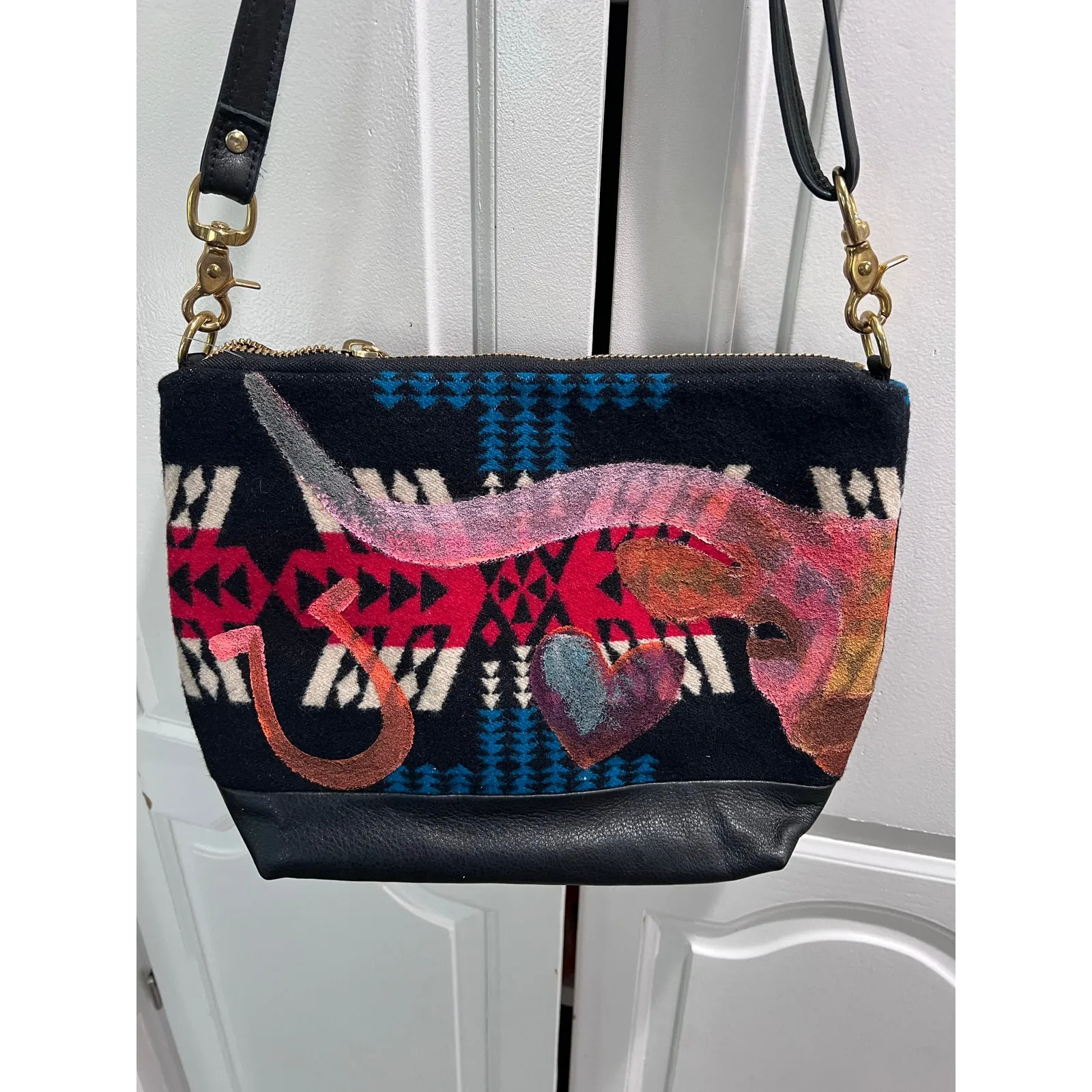 RAIS CASE Wool Crossbody Bag Made in USA Pendleton Style Leather Strap Southwest - Image 2