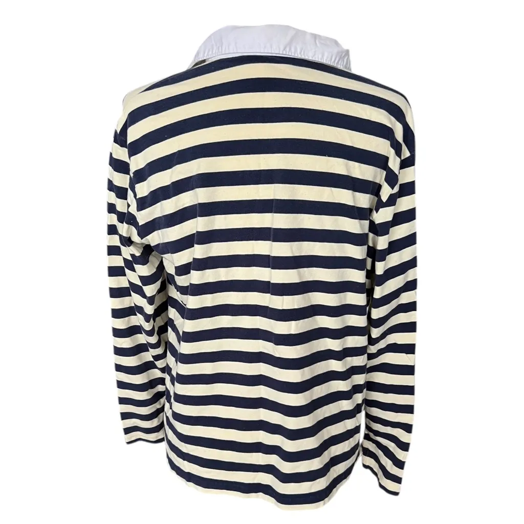 Y2K Tommy Hilfiger Cream & Navy Striped Long-Sleeve Polo XL - Image 2
