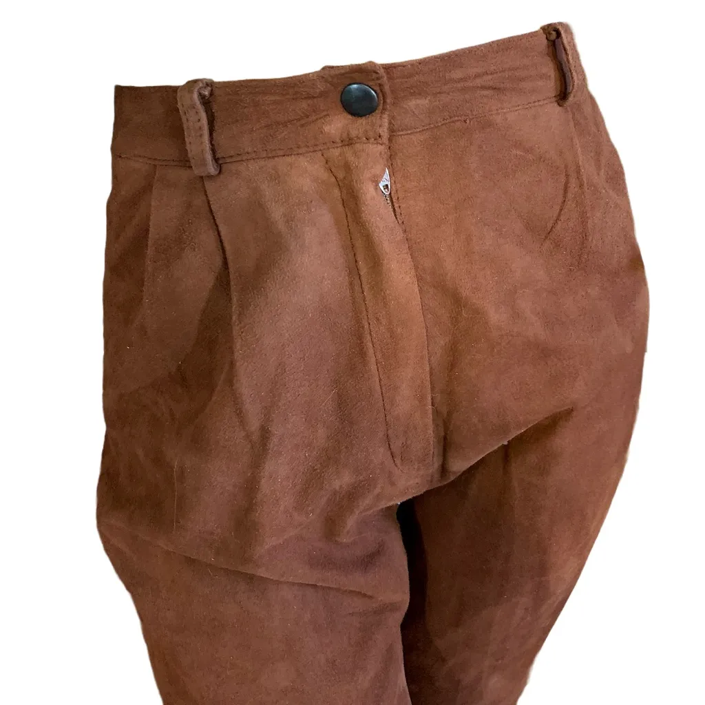 VINTAGE 1980'S SIENNA BROWN ARTISAN WEAR SUEDE PLEATED TROUSERS (XS) - Image 7