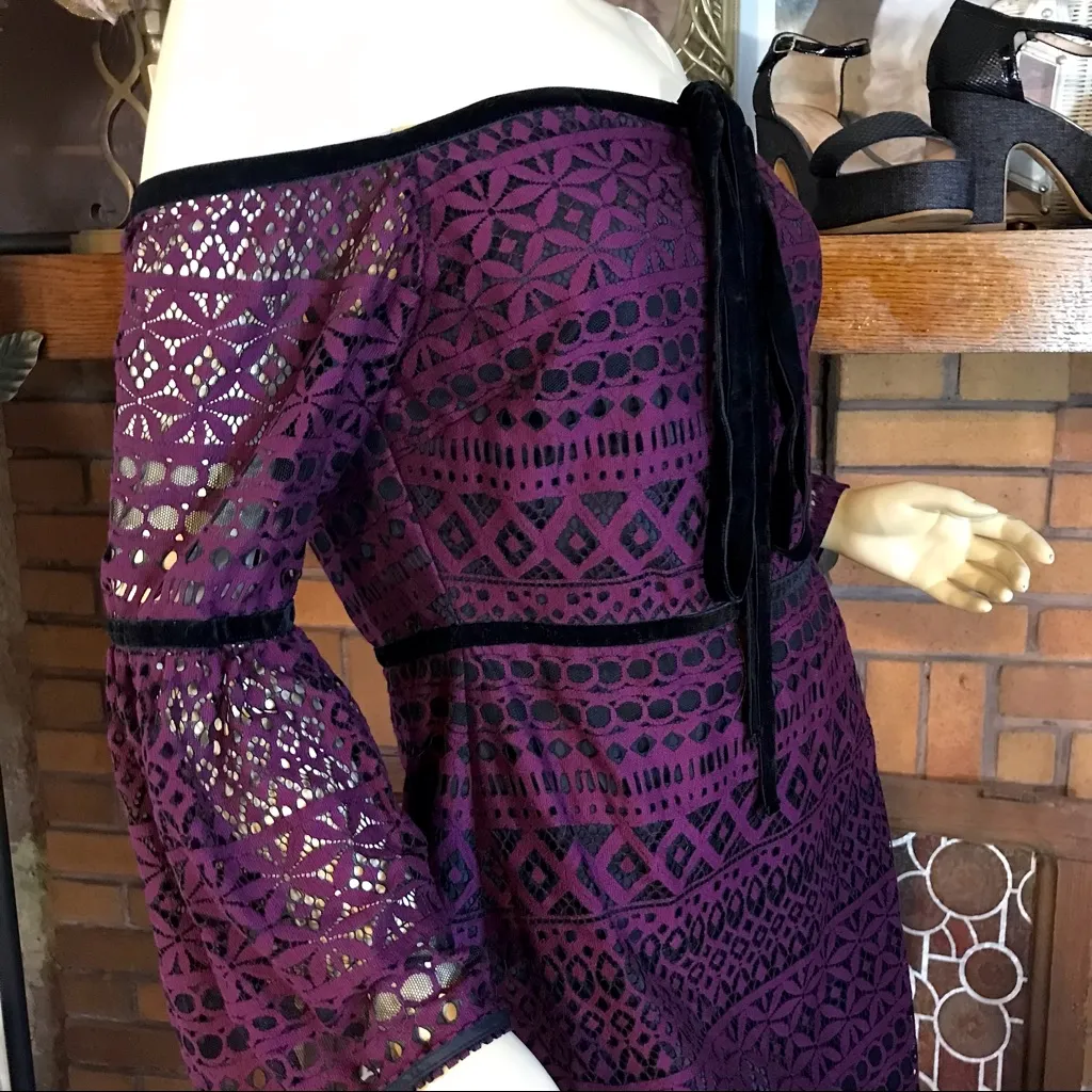 LIKELY "KAKKI" PURPLE & BLACK CROCHET LACE OFF THE SHOULDER MINI DRESS NWT (10) - Image 6
