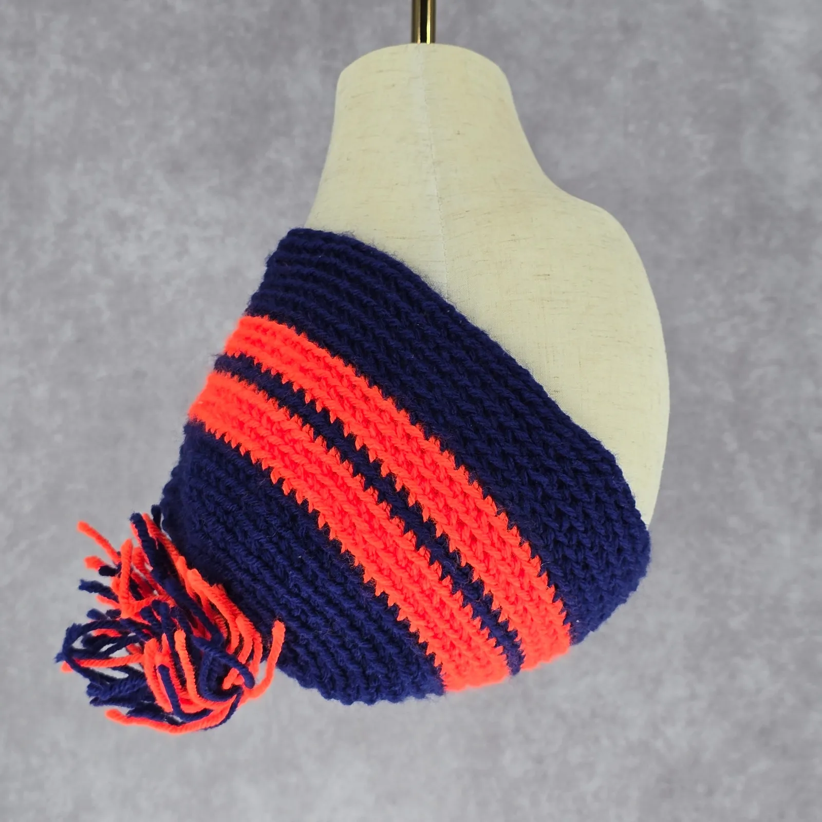 Blue Orange Stripe Pom Pom‎ Crochet Knit Bucket Cap Hat Fun VTG Y2K Funky Beanie - Image 3