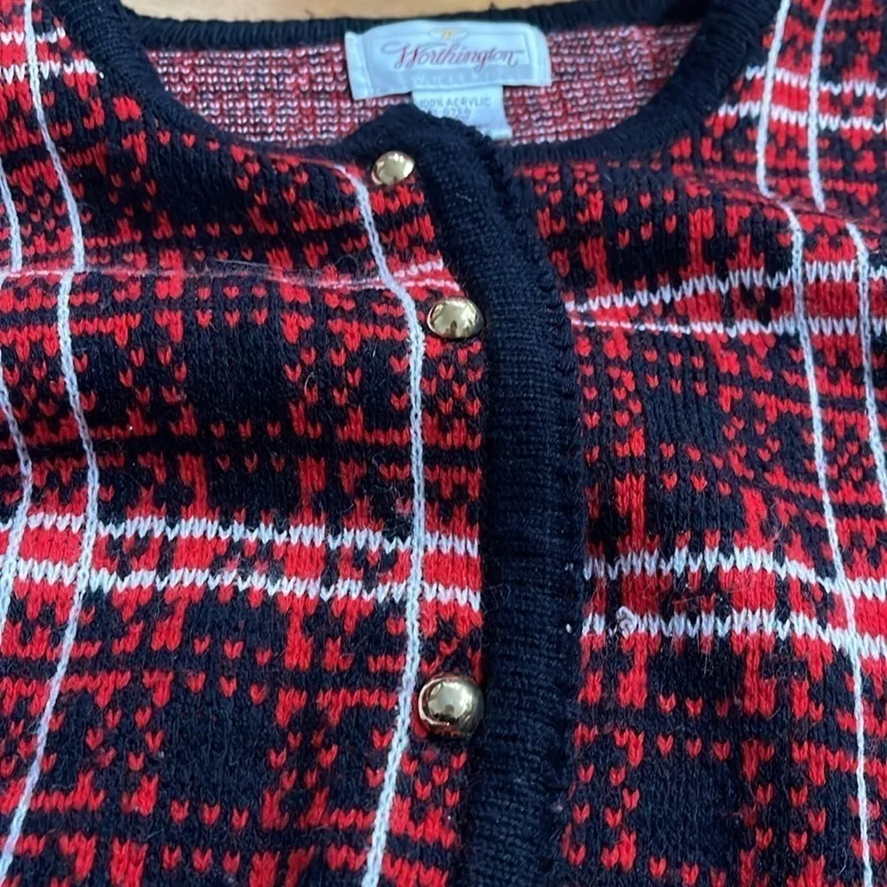 Worthington Vintage Plaid Cardigan With Gold Buttons and Shoulder Pads - Image 4