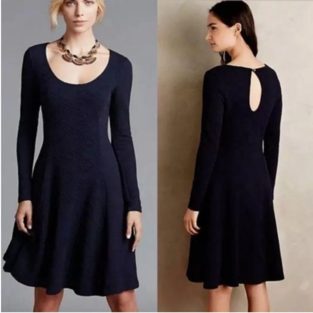 Anthropologie Maeve Sasha Navy Fit and Flare Textured Long Sleeve Dress Small - Image 2