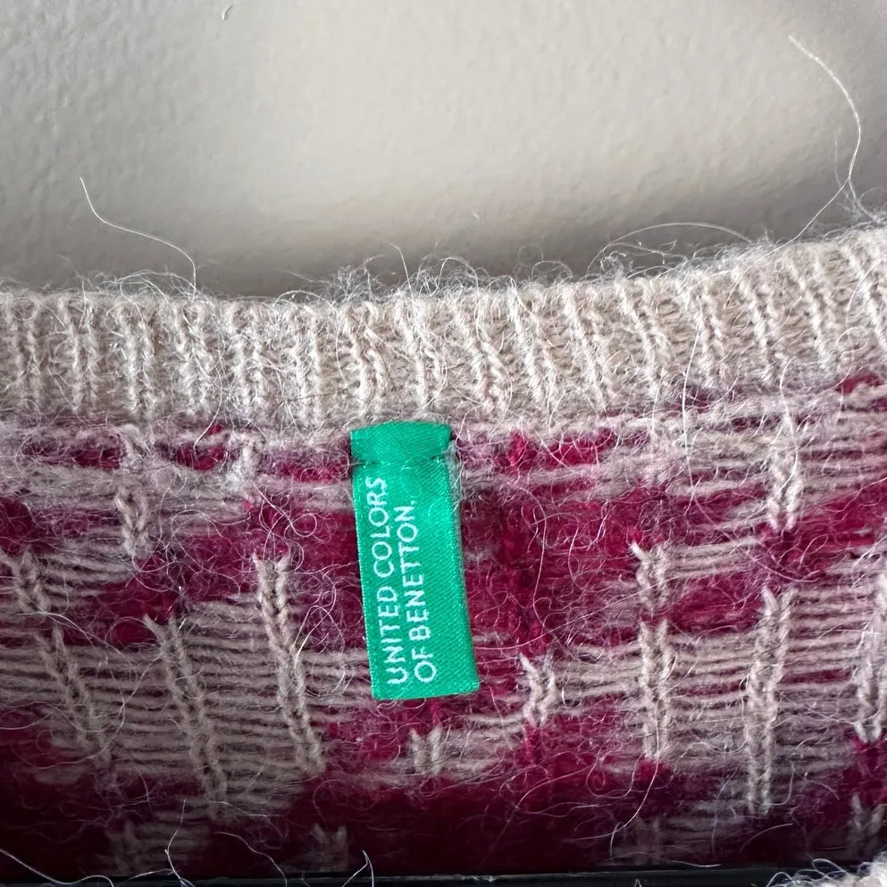 United Colors of Benetton Red White Houndstooth Wool Alpaca Crewneck Sweater - Image 3