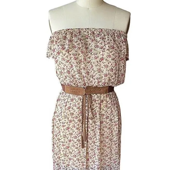 Allison Brittney Long Boho Tan Floral Calico Bohemian Maxi Dress & Belt by  - Image 2