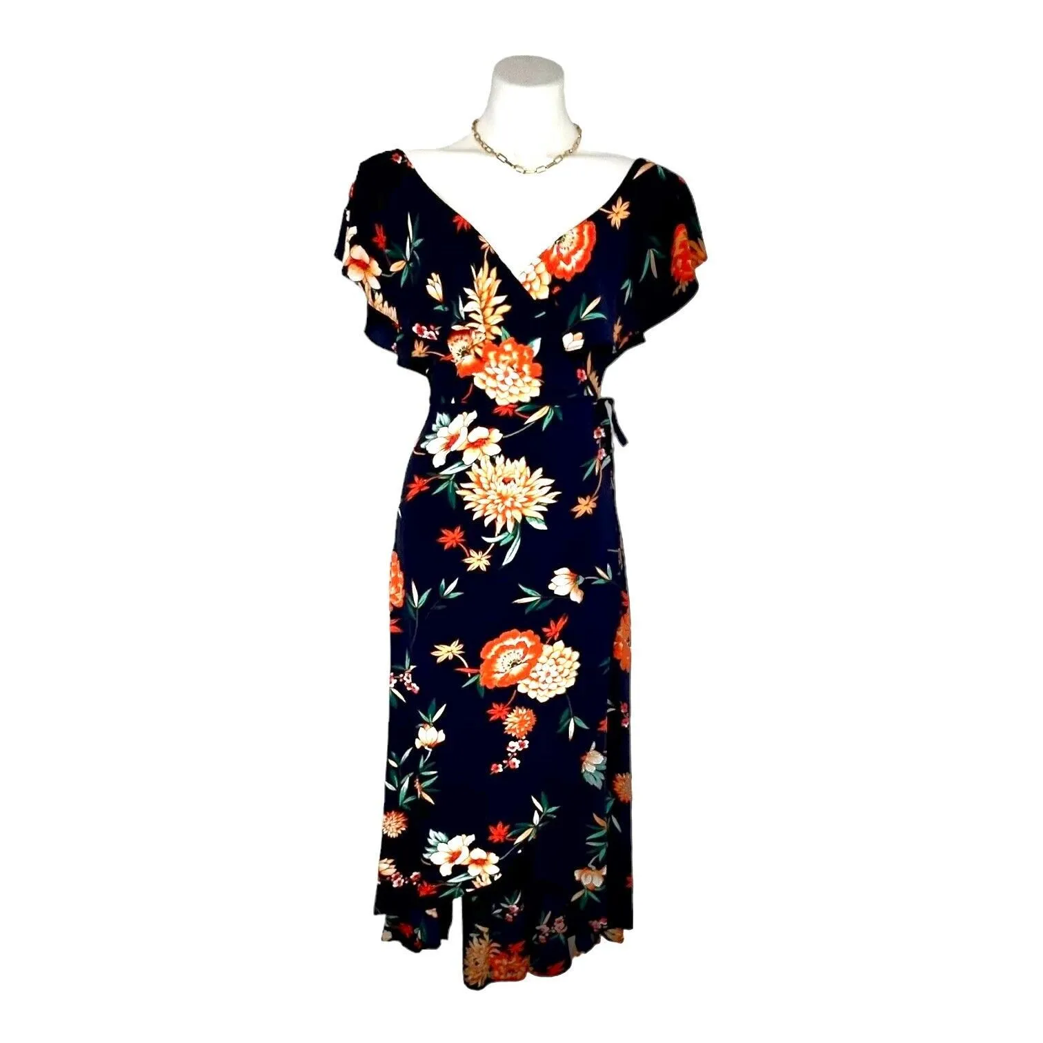 Anthropologie Aakaa Wrap Maxi Dress Size S Blue Floral‎ Tropical Boho V-neck - Image 2