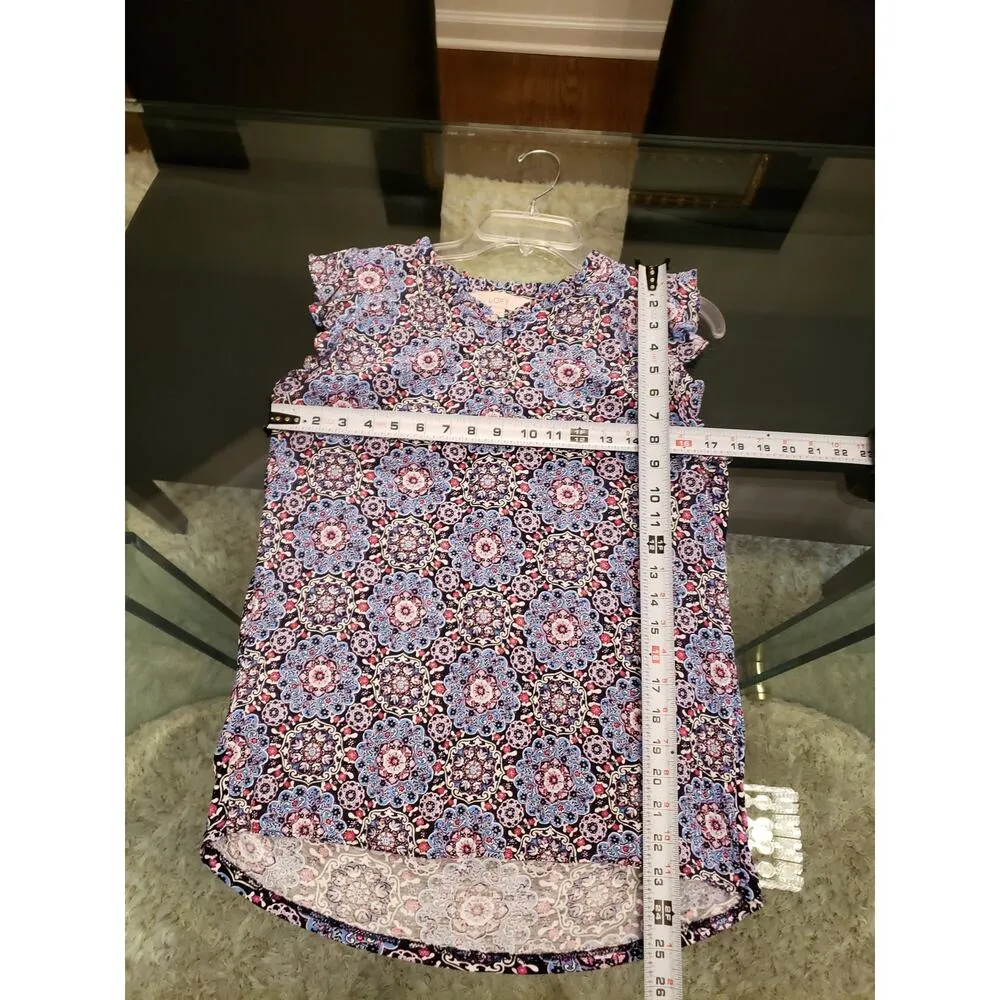 LOFT Floral Print Top Women's S Blue Pink Ruffle Sleeve V-neck Shirt Rayon - Image 10