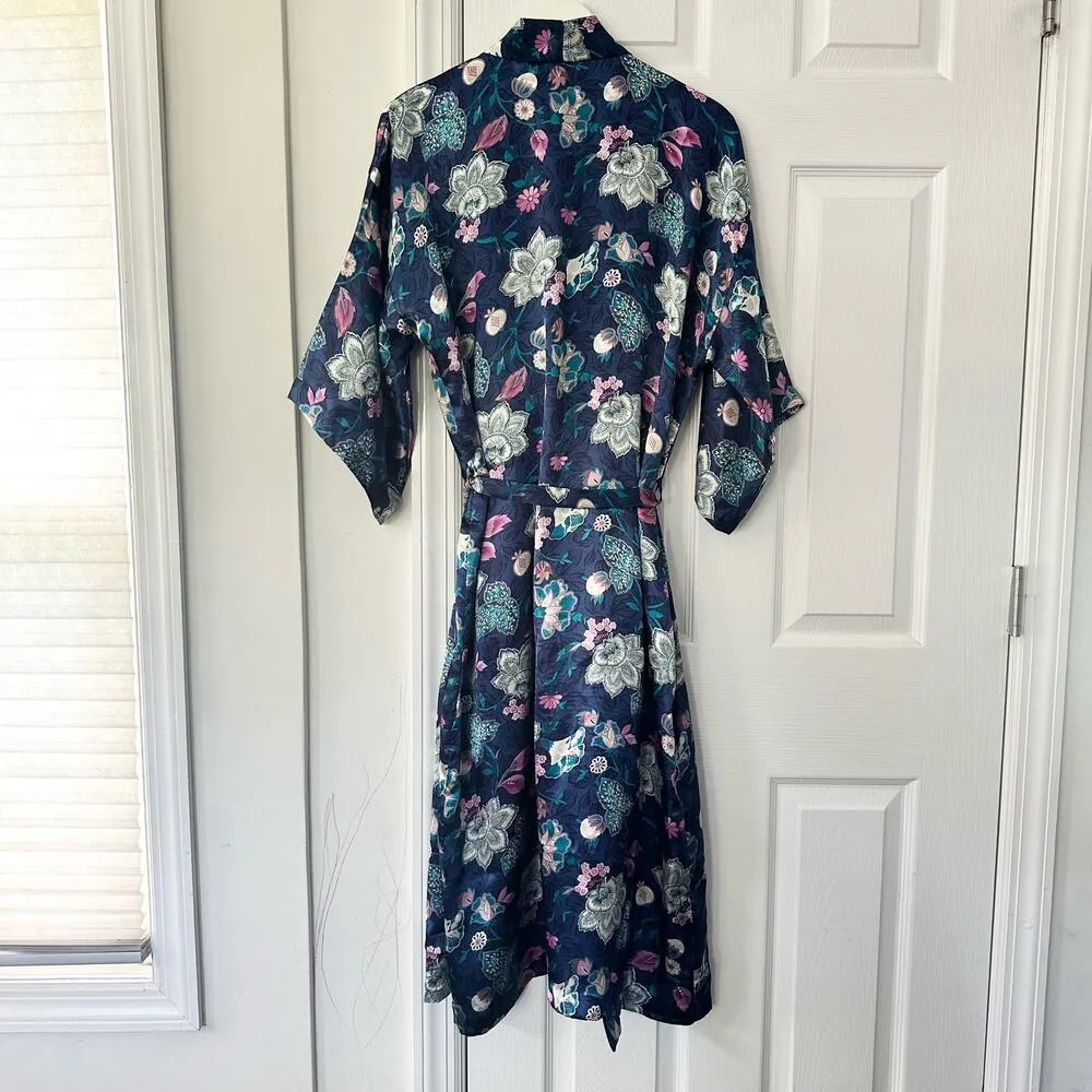 California Dynasty Asian Blue Pink Floral Matching Slip Dress Mid Length Robe M Size M - Image 9