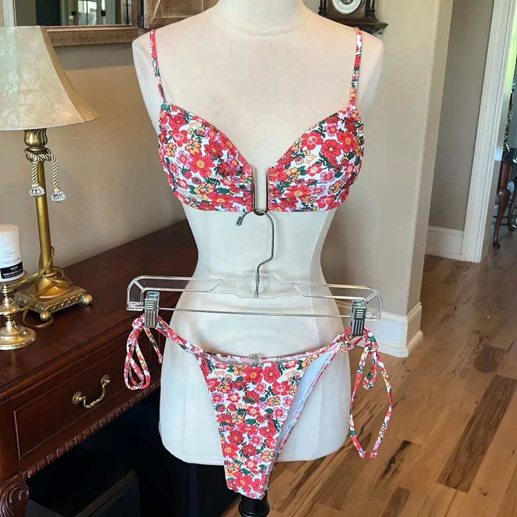 Bikini Set Colorful Floral Top String Bikini Bottom Orange Pink White Green Size undefined - Image 5