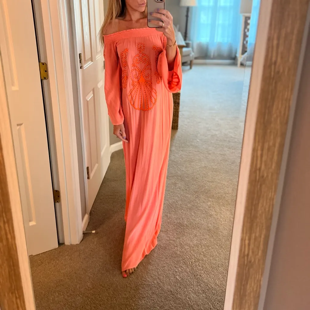 Lilly Pulitzer Nita Maxi Dress Off The Shoulder Guava Melon Beaded XXS - Image 2