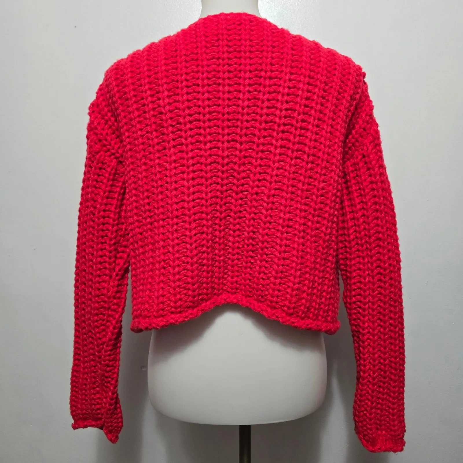 Chunky Knit Red Cropped Cardigan Gold Button Pockets Women Size M Size M - Image 5
