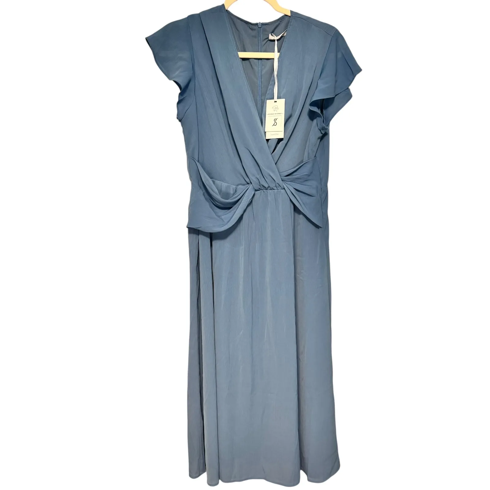 Jasambac Women's Blue Maxi Dress V Neck Short Sleeve Twist Front Formal Size L - Image 9