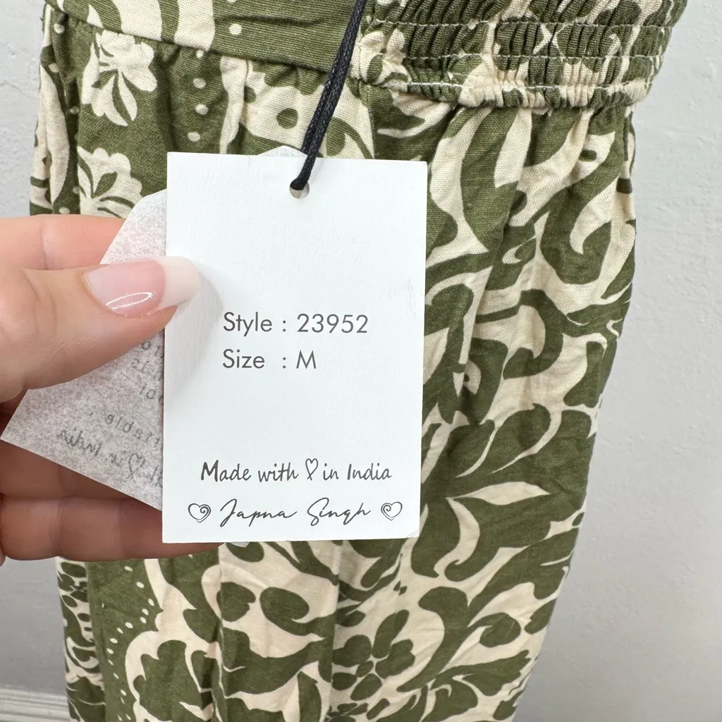 Japna Maxi Dress Womens Size M Green & Cream Floral Scroll Lace-Up Boho - Image 8