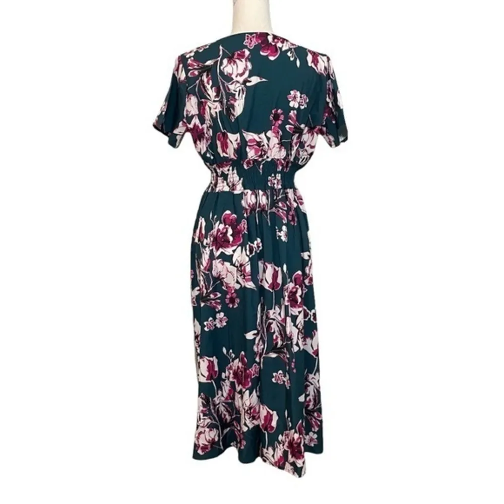 NWOT Teal Blue-Green Short Sleeve Smocked Waist Faux Wrap Sundress Dress New - Image 5