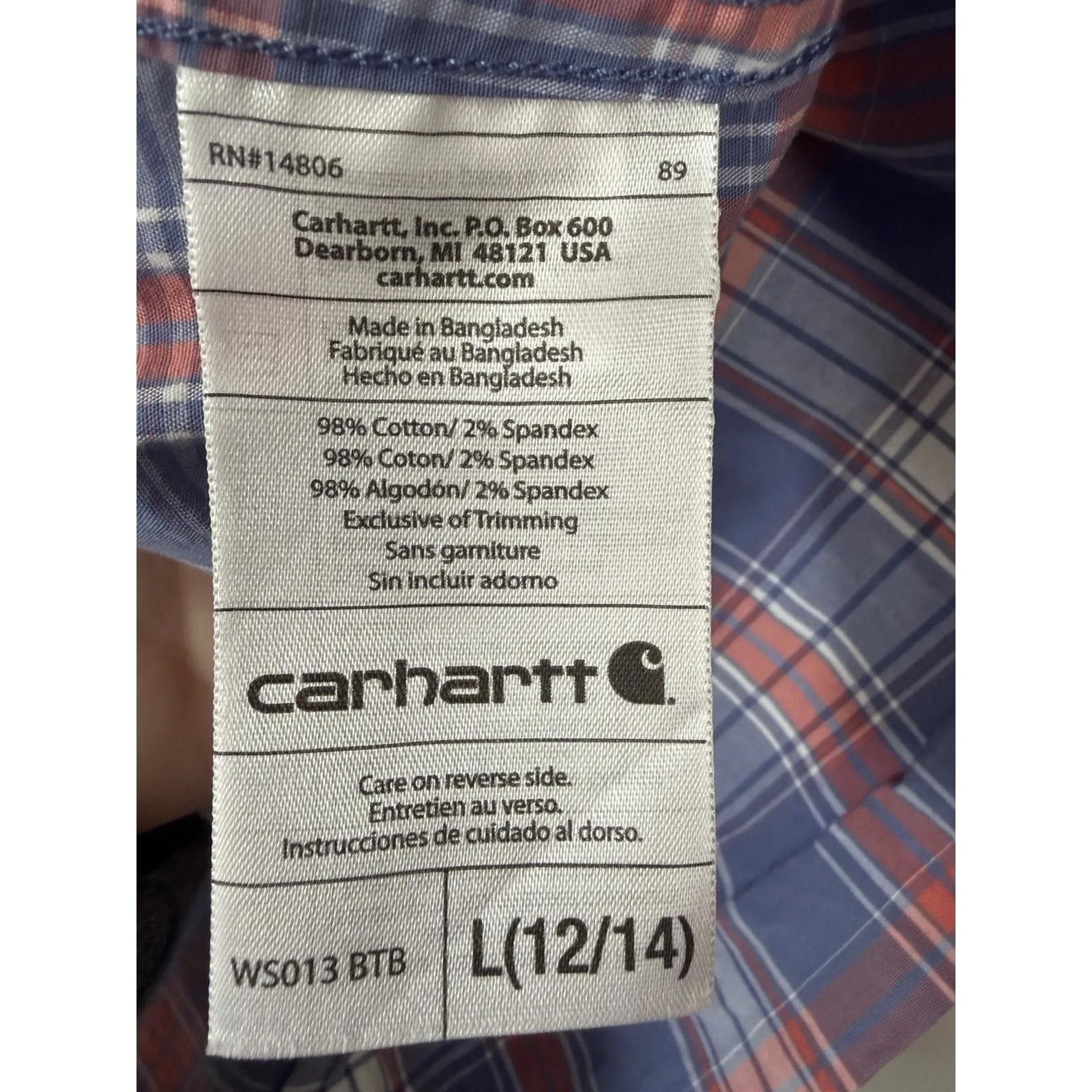 Carhartt Womens WS013 Plaid Button Up Shirt Blue White Red Long Sleeve Large 12 - Image 4