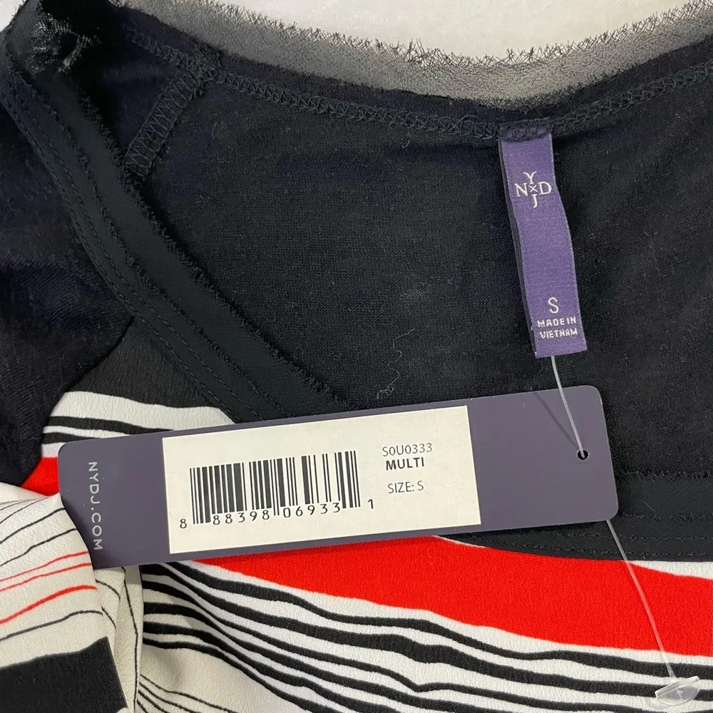 New  Striped Woven Front Solid Knit Back Short Sleeve Top Size Small - Image 15