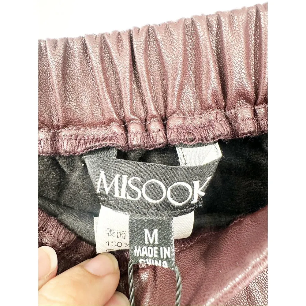 Misook Vegan Faux Leather A-Line Burgundy Pull-On Midi Skirt Side Medium NWT - Image 4